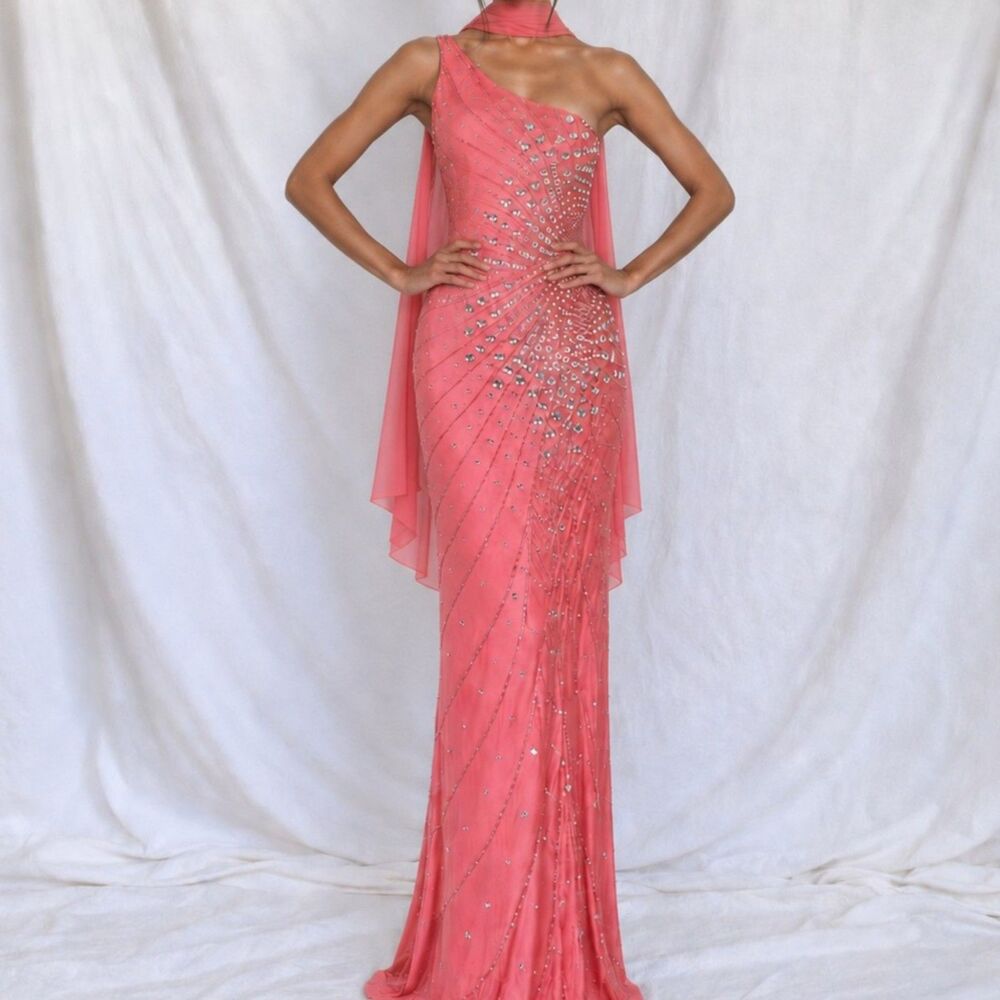 Vintage Y2K Pink Silk Beaded One Shoulder Maxi Bodycon Formal Prom Dress Size S